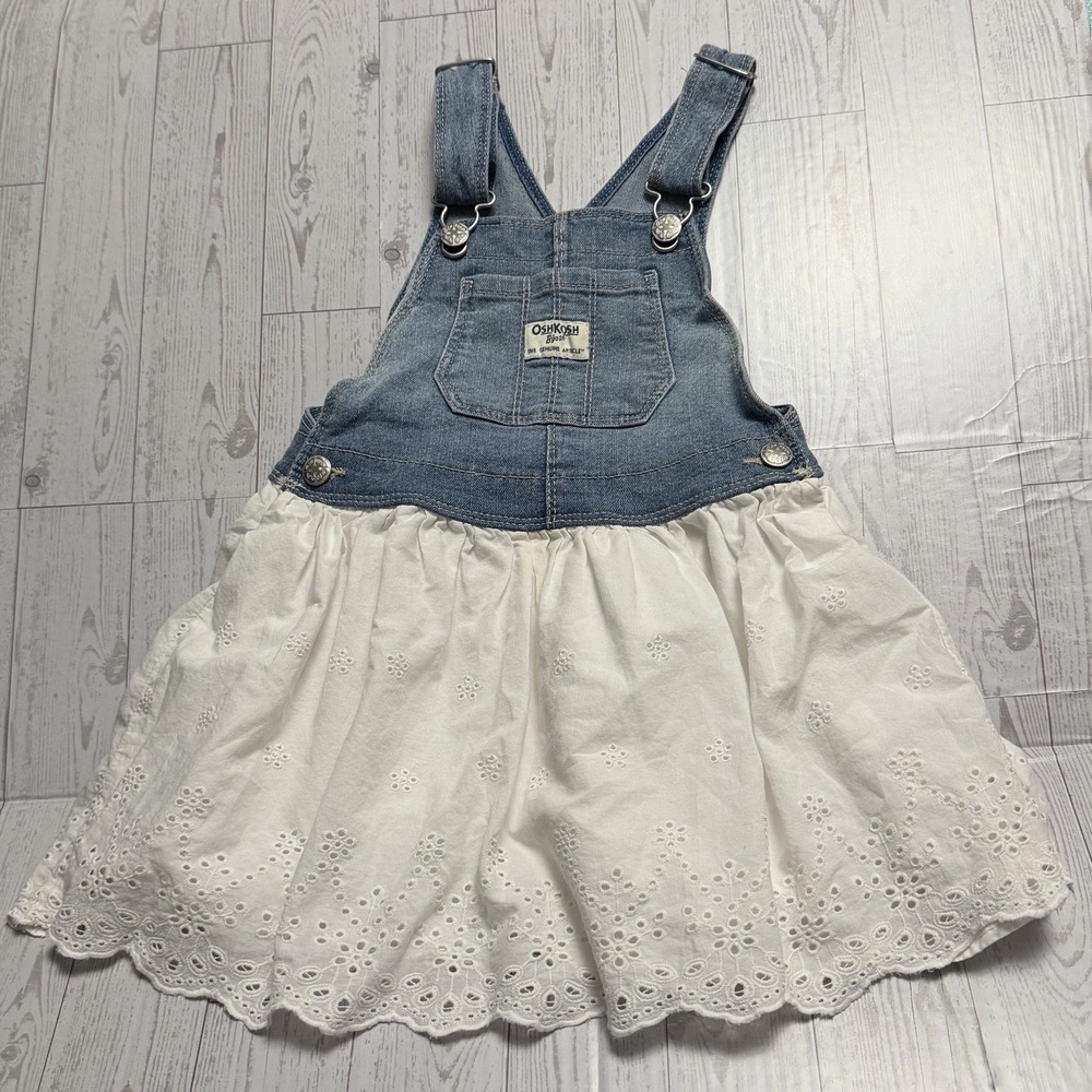 Oshkosh B'gosh Overalls Dress Denim White Lace Pleated Little Girls Size 4T - Picture 1 of 6